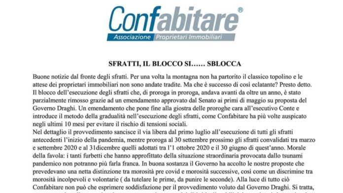 Termine blocco sfratti pandemia Governo Draghi