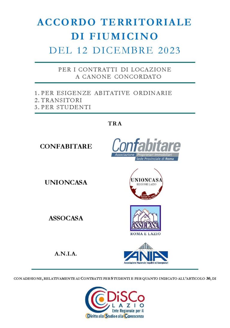 Dal 1/1/2024 a Fiumicino entra in vigore il nuovo Accordo Territoriale per le Locazioni a Canone Concordato